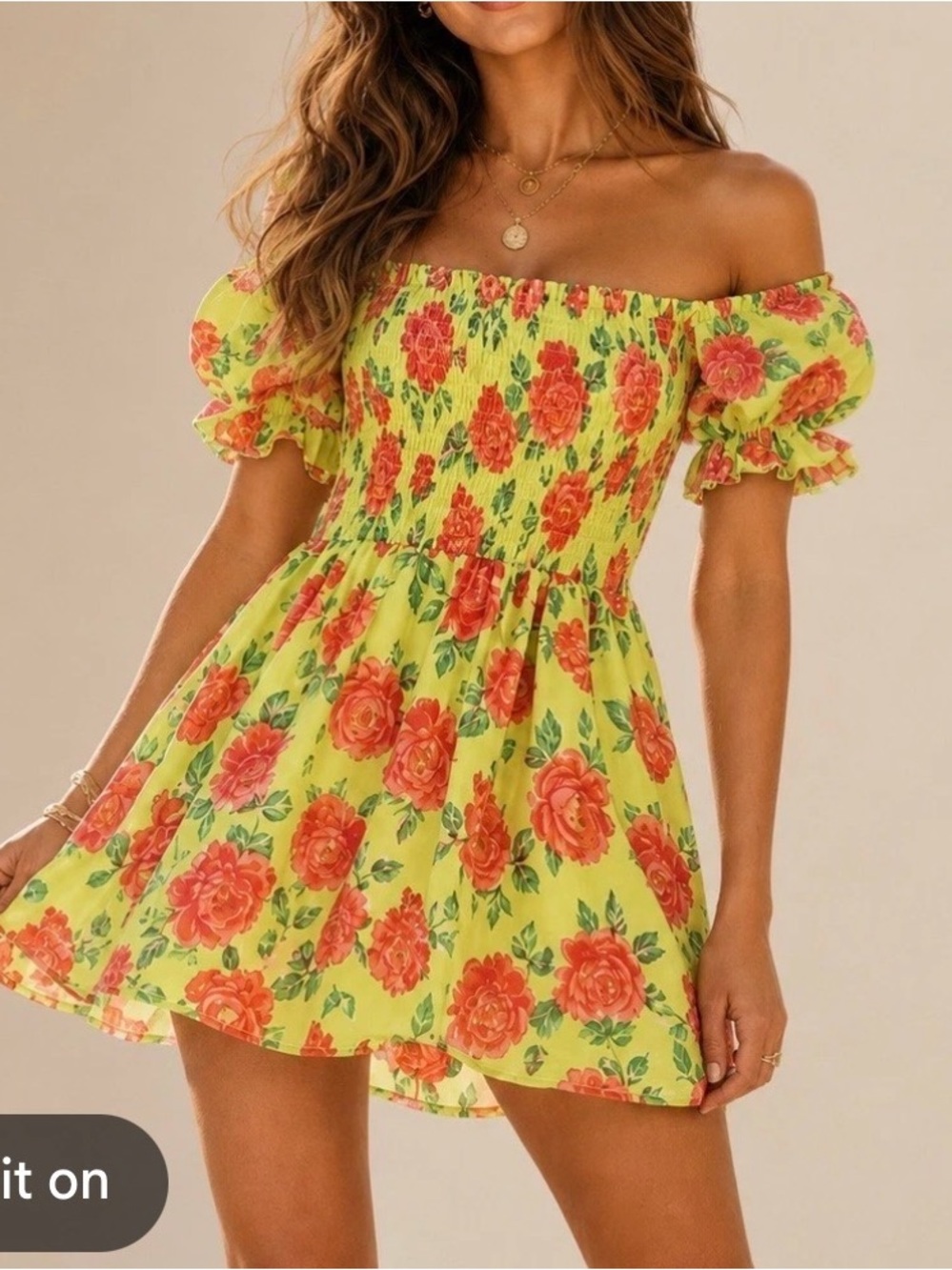 Betsey Johnson Yellow Off-Shoulder Floral Mini Dress with Red Rose Print